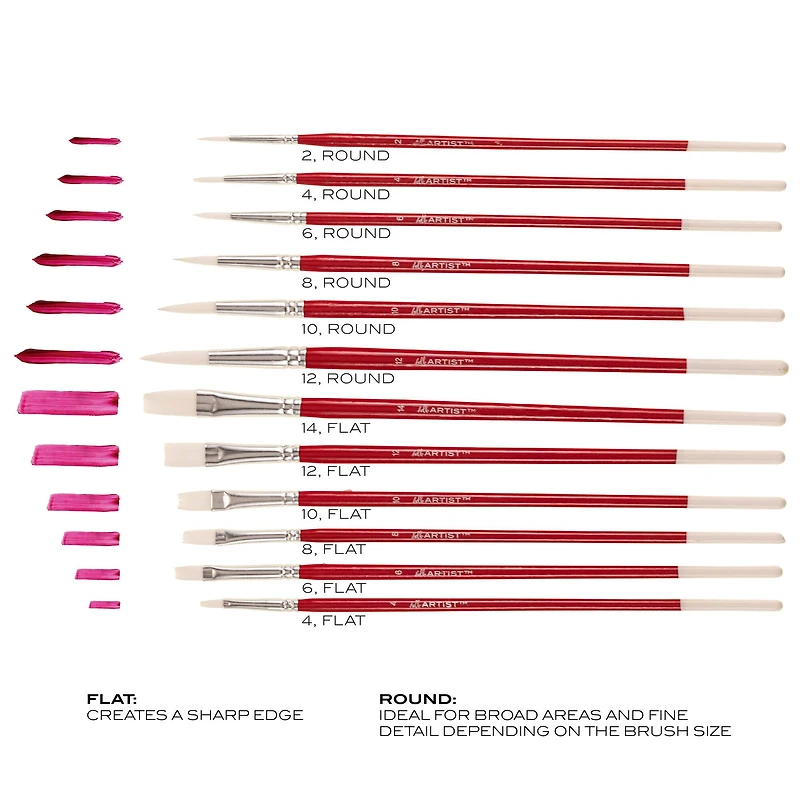 Hello, Artist! Long Handle White Taklon Flats & Rounds 12 Piece Brush Set