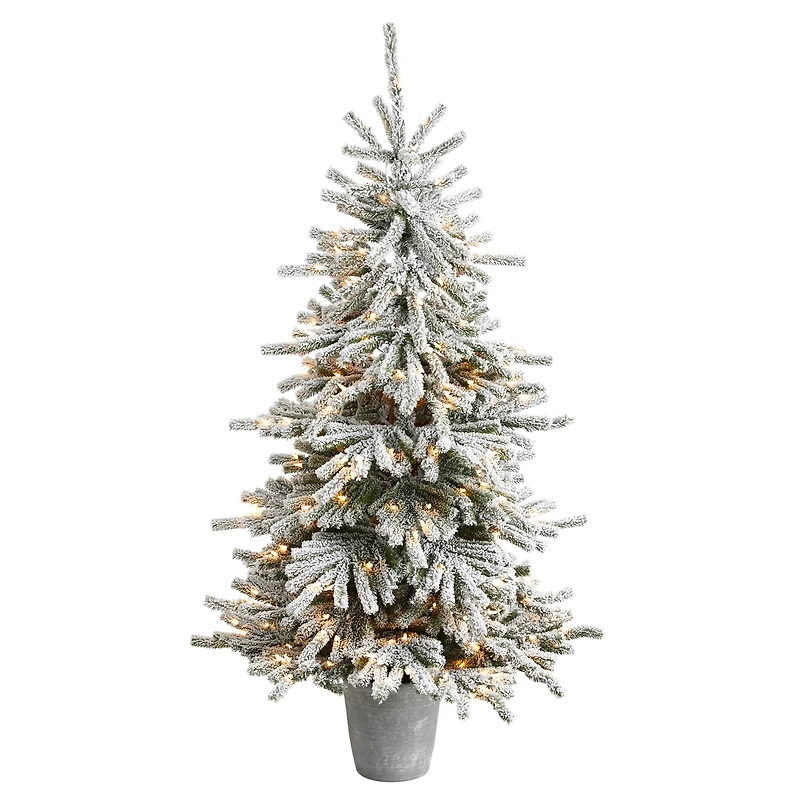 6ft. Pre-Lit Flocked Long Vermont Pine Artificial Christmas Tree in Decorative Planter, White LED Lights 