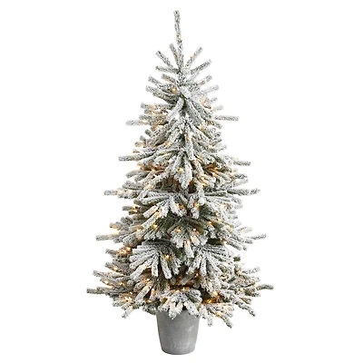 6ft. Pre-Lit Flocked Long Vermont Pine Artificial Christmas Tree in Decorative Planter, White LED Lights 