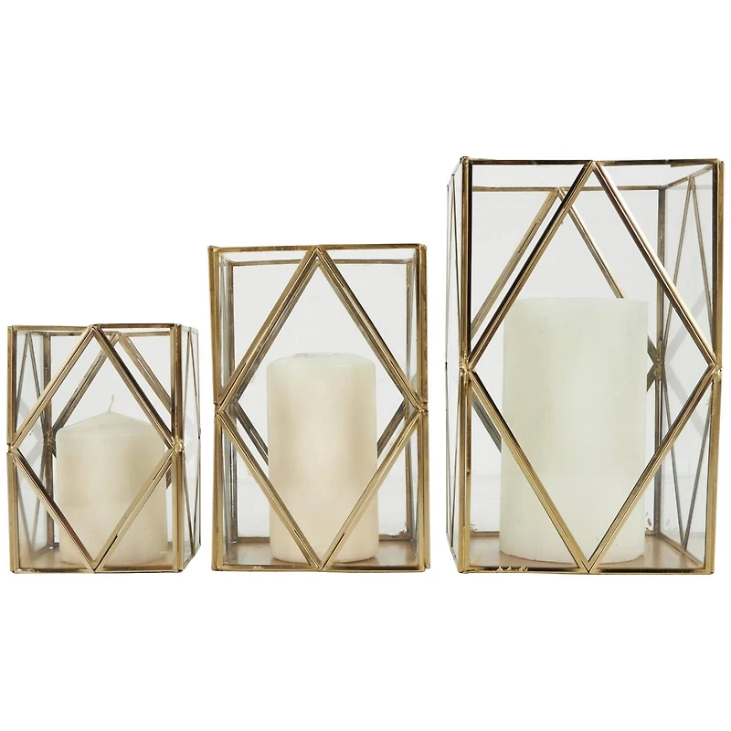 CosmoLiving by Cosmopolitan Gold Metal & Clear Glass Diamond Rectangular Candle Lantern Set