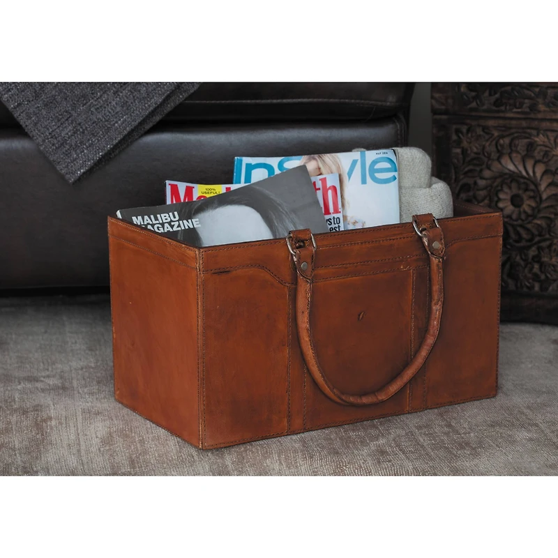16" Brown Leather Rustic Magazine Holder
