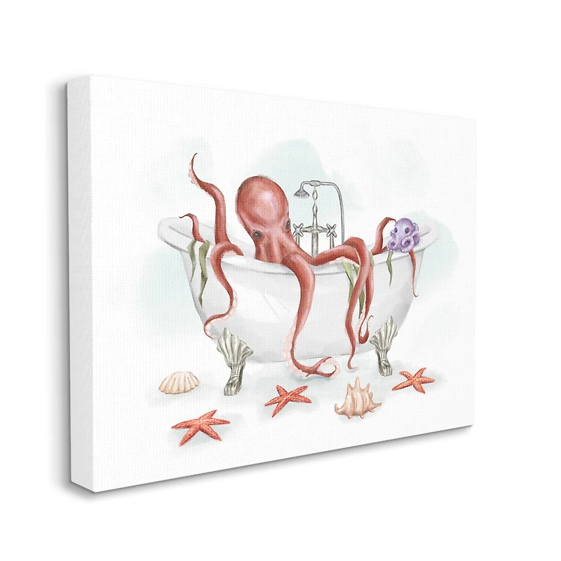 Stupell Industries Red Octopus Nautical Claw Bath Sea Shells Canvas Wall Art