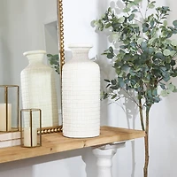 Cream Ceramic Textured Geometric Vase with Checkered Pattern