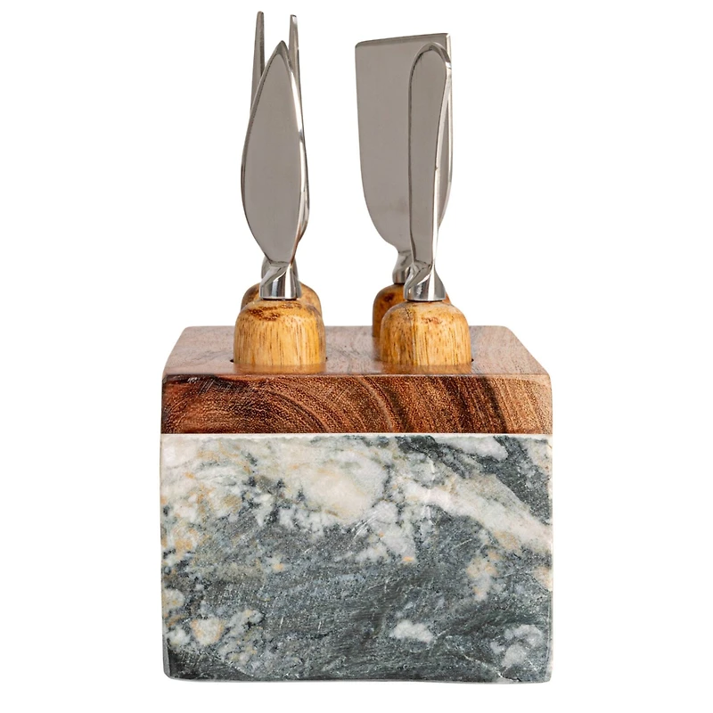 Hello Honey Black Marble Cheese Server Set with Mango Wood Stand