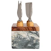 Hello Honey Black Marble Cheese Server Set with Mango Wood Stand