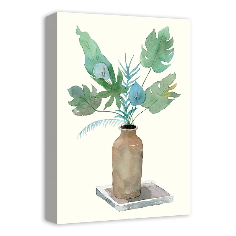 Brown Vase Tropical Leaves 12" x 18" Canvas Wall Art