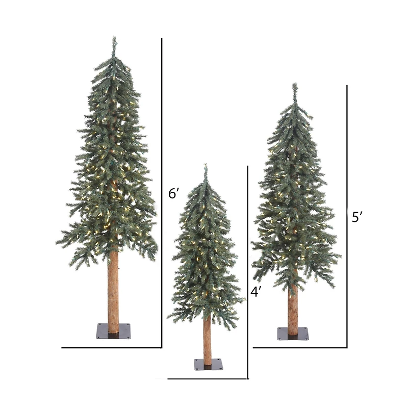4ft., 5ft. & 6ft. Pre-Lit Natural Bark Alpine Artificial Christmas Tree Set, Warm White Dura-Lit® LED Lights
