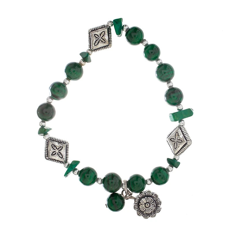John Bead Imitation Malachite Natural Stone Stretch Bracelet with Flower Charm