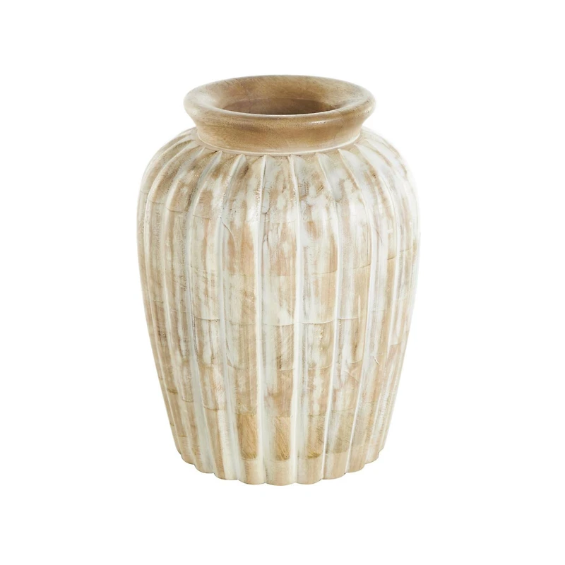 11" Light Brown Mango Wood Distressed Vase with Carved Ridges