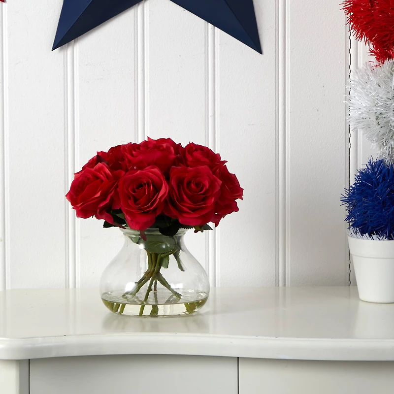 11" Red Rose Arrangement with Clear Glass Vase