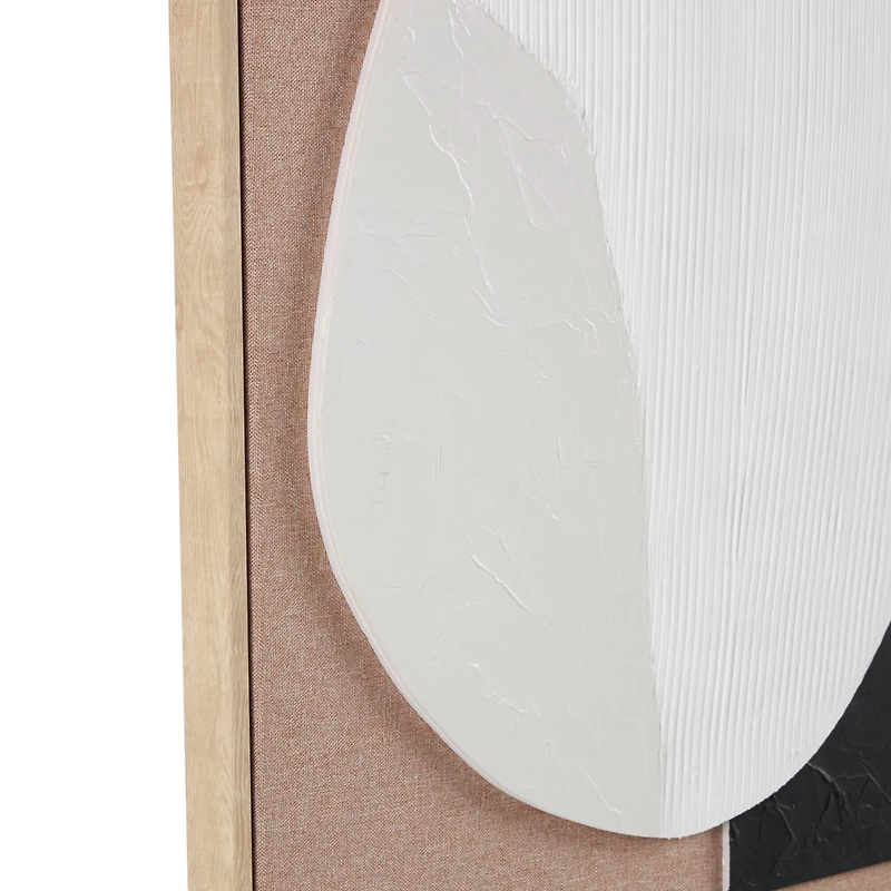 Brown Wooden Geometric Textured Home Wall Décor with Abstract Black and White Shapes and Fabric Backing