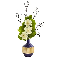 22" Anemone & Lotus Leaf Arrangement In Vase
