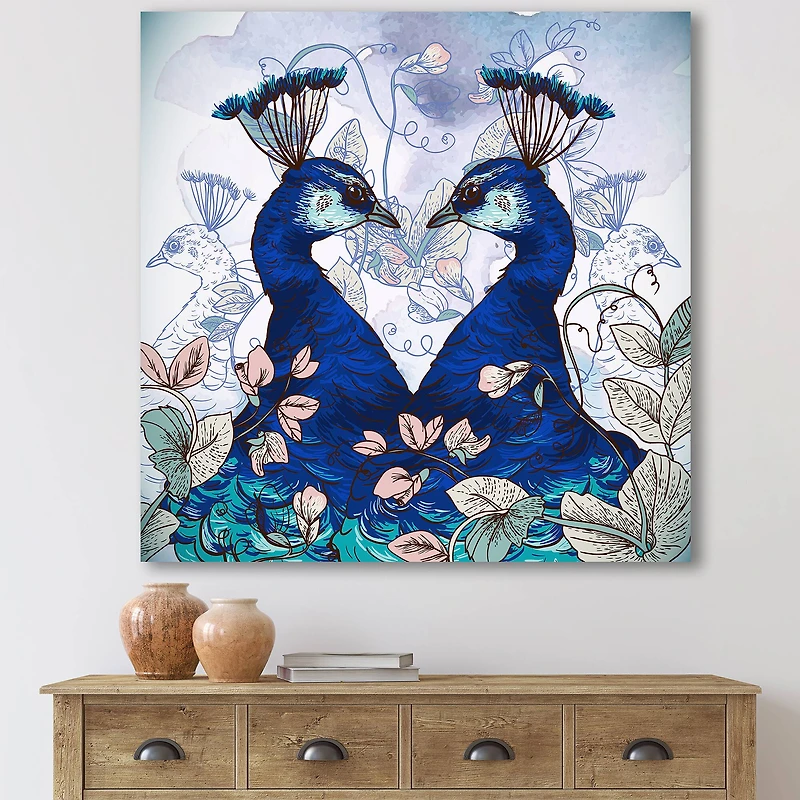 Designart - Two Blue Peacocks With Wildflowers