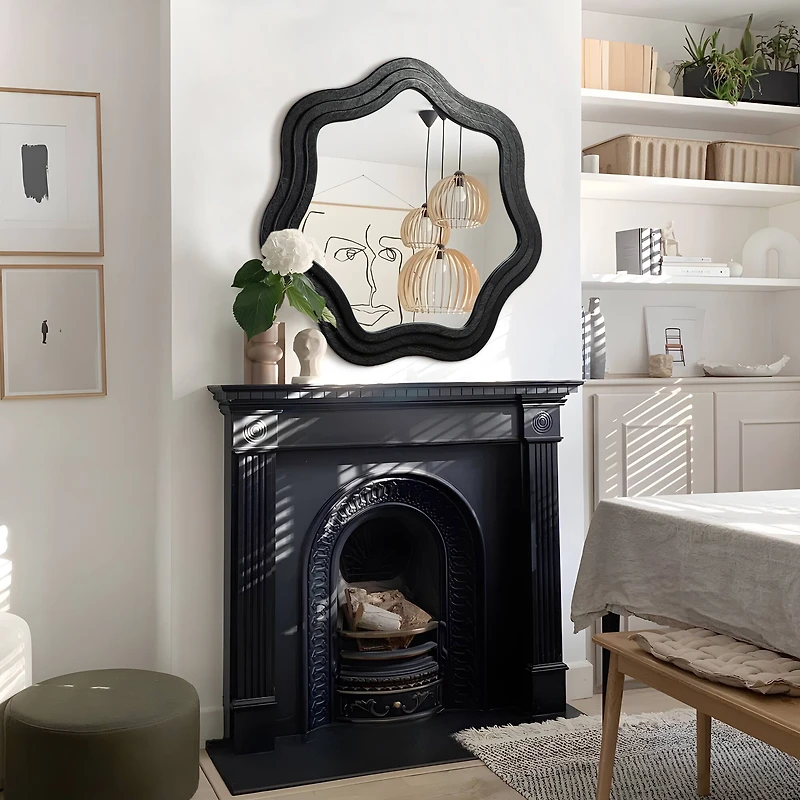 Glitzhome® 33.5" Modern Black Triple Wood Frame Wavy Wall Mirror