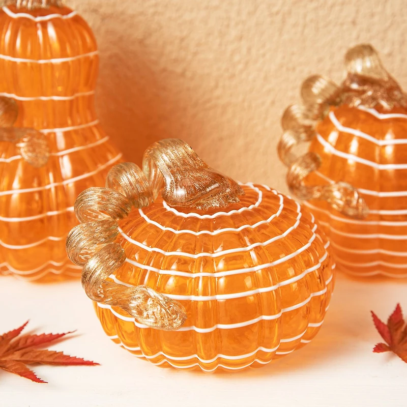 Glitzhome® Orange and White Lines Glass Pumpkin & Gourd Set