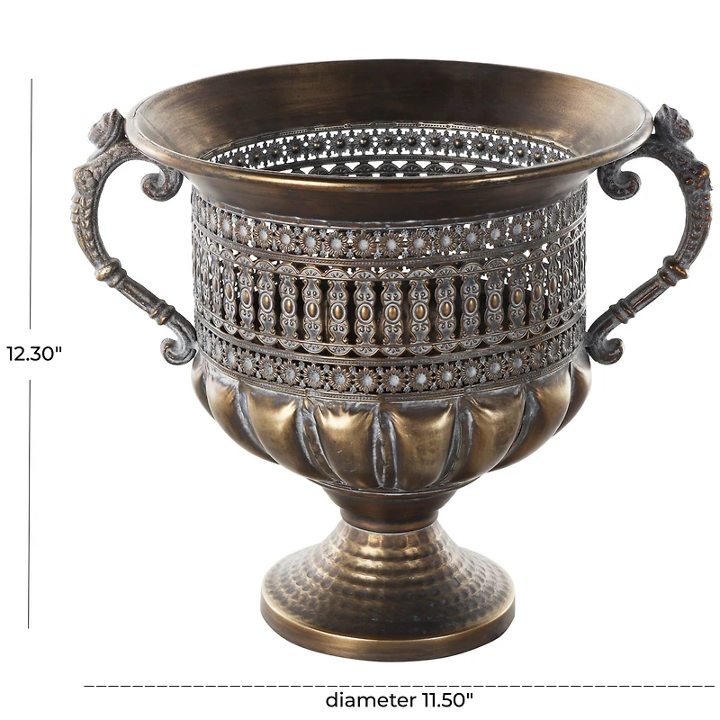 12" Bronze Metal Urn Shaped Vase with Cut Outs