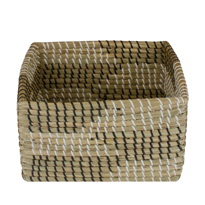 12.25" Square Woven Seagrass Basket with Black & White Accents