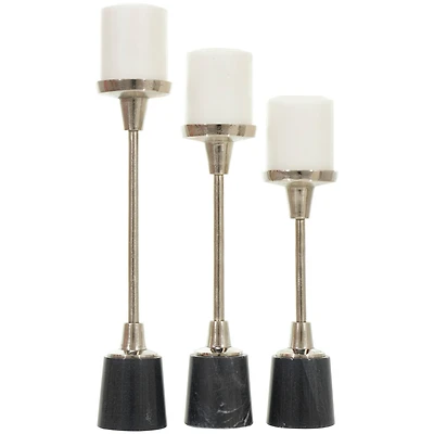 Silver Metal Slim Candle Holder with Black Marble Base Set