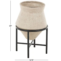 20" Beige Metal Wide Vase with Black Metal Stands