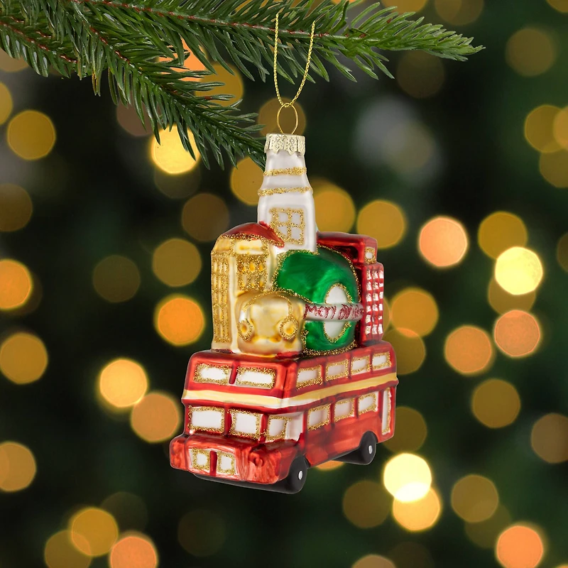 Merry Christmas Double Decker Tour Bus Glass Ornament - 4.5" - Gold and Red