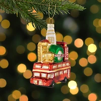 Merry Christmas Double Decker Tour Bus Glass Ornament - 4.5" - Gold and Red