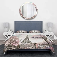Designart 'Eiffel with Pink Flowers' Global Inspired Bedding Set - Duvet Cover & Shams