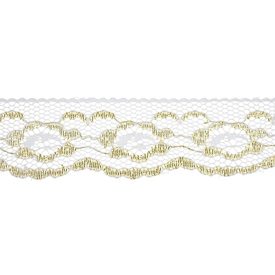 1.25'' x 3 yd. White and Gold Lace Trim Ribbon by Celebrate It®