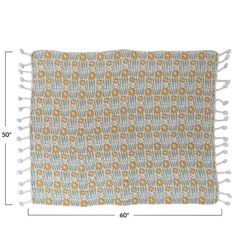 Hello Honey® Woven Recycled Cotton Blend Printed Throw with Flowers and Braided Pom Pom Tassels, Sage and Mustard