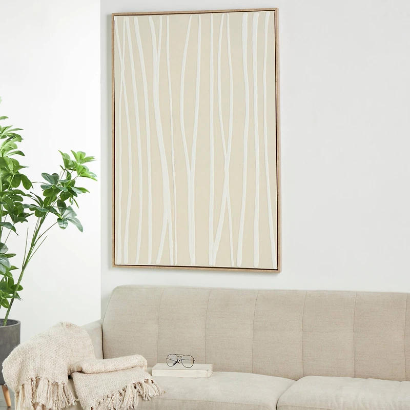 Beige Wooden Abstract Vertical Line Framed Wall Art with Brown Wooden Frame
