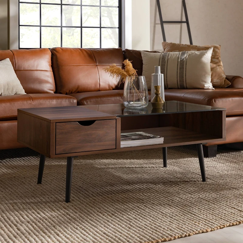 Dark Walnut Mid Century Modern Wood & Glass Coffee Table