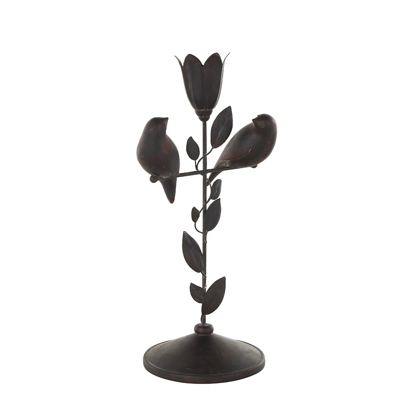13.75" Black Bird Perching Decorative Sculpture with Leaf Vine & Copper Shading