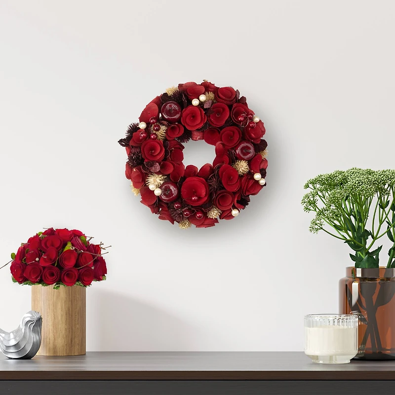 12" Unlit Red Wooden Rose Apple & Faux Pearl Artificial Valentines Wreath