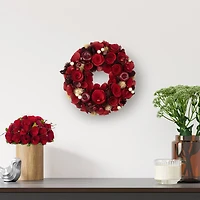 12" Unlit Red Wooden Rose Apple & Faux Pearl Artificial Valentines Wreath
