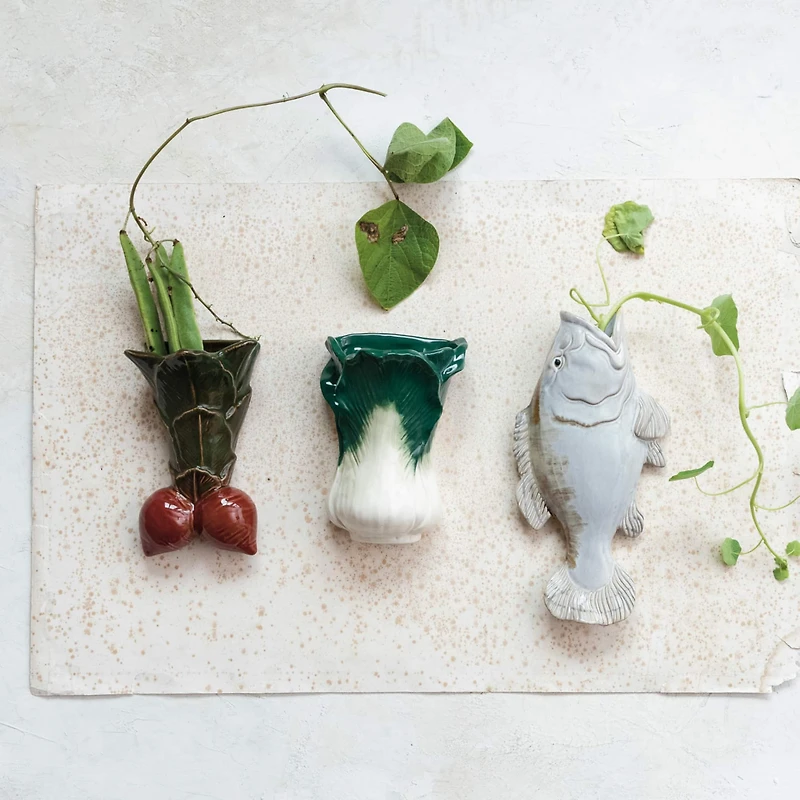 Hello Honey® 7.75" Green & White Embossed Stoneware Cabbage Shaped Wall Vase Planter