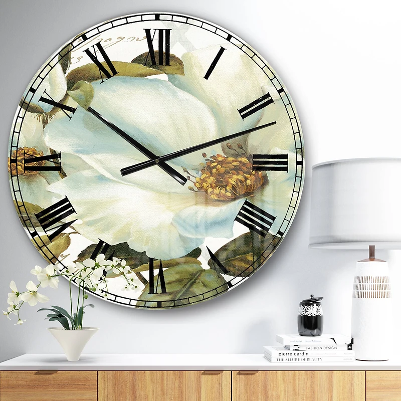 Designart White Blossoming Flower Close-Up Traditional Wall Clock