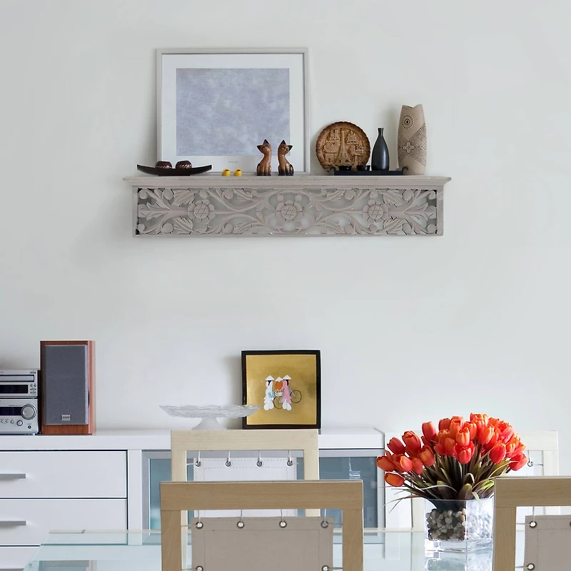 24" Gray Hand-Carved Medallion Floating Wall Shelf