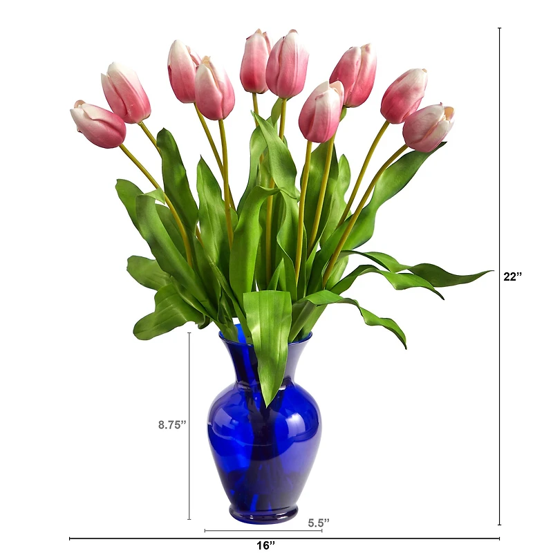22" Mauve Dutch Tulip Arrangement in Blue Vase