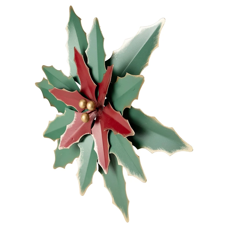 14" Small Green and Red Metal Poinsettia Christmas Wall Hanging