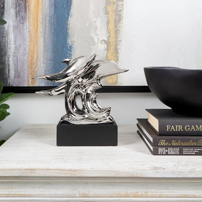 10" Silver Ceramic Dolphin Sculpture