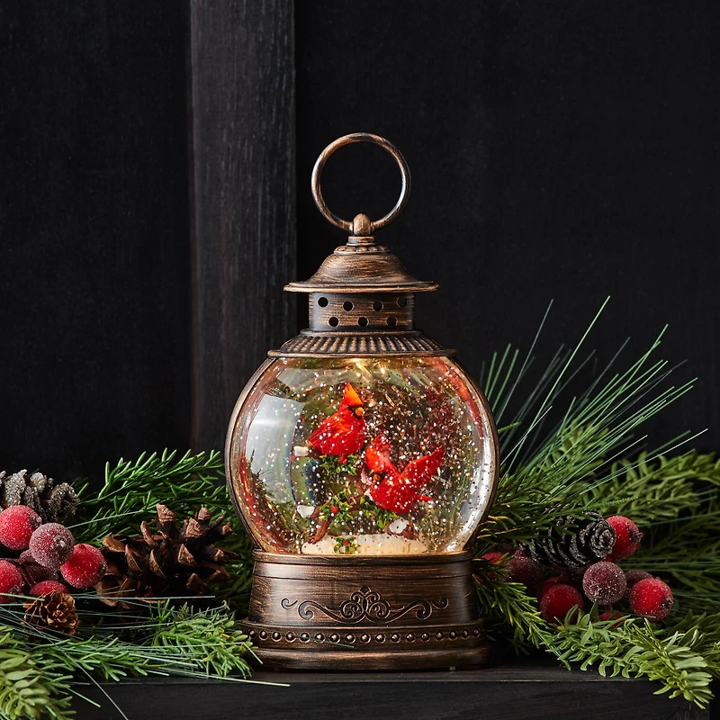 8.25" LED Snow Globe Lantern with Cardinal Bird Couple