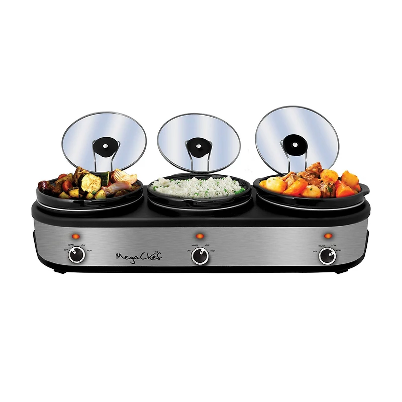MegaChef Brushed Silver & Black Finish Triple 2.5qt. Slow Cooker & Buffet Server With 3 Ceramic Cooking Pots & Removable Lid Rests