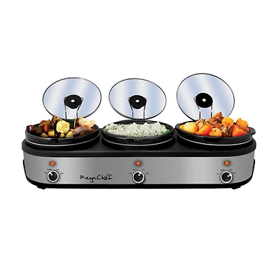 MegaChef Brushed Silver & Black Finish Triple 2.5qt. Slow Cooker & Buffet Server With 3 Ceramic Cooking Pots & Removable Lid Rests