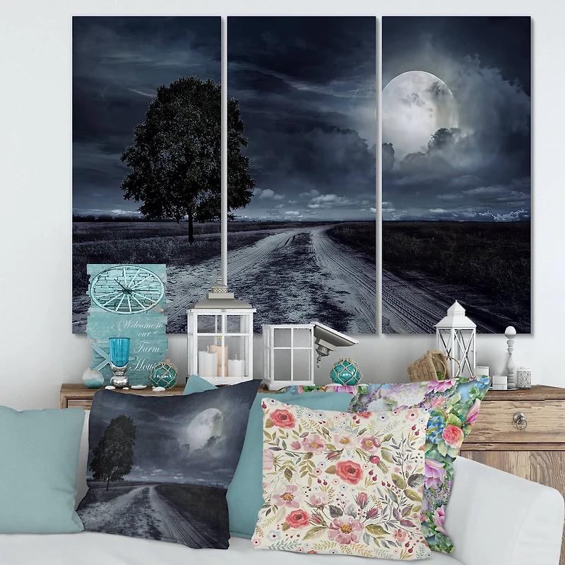 Designart - Paved Road Under A Full Moon