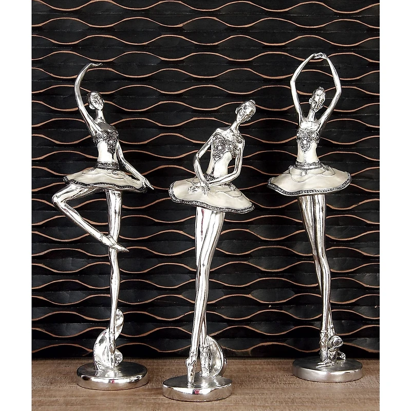Set of 3 Silver Polystone Modern Dancer Sculpture, 18", 18", 16"