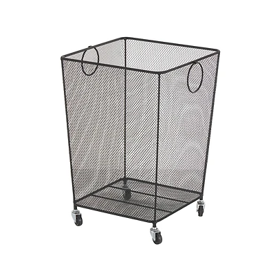 24" Black Metal Square Mesh Wire Rolling Laundry Storage Cart with Ring Handles