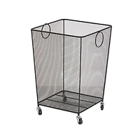 24" Black Metal Square Mesh Wire Rolling Laundry Storage Cart with Ring Handles