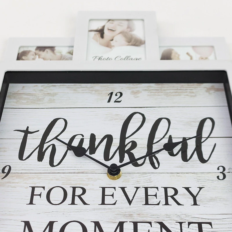 White Farmhouse Shabby-Chic "Thankful" Picture Frame Wall Collage Clock