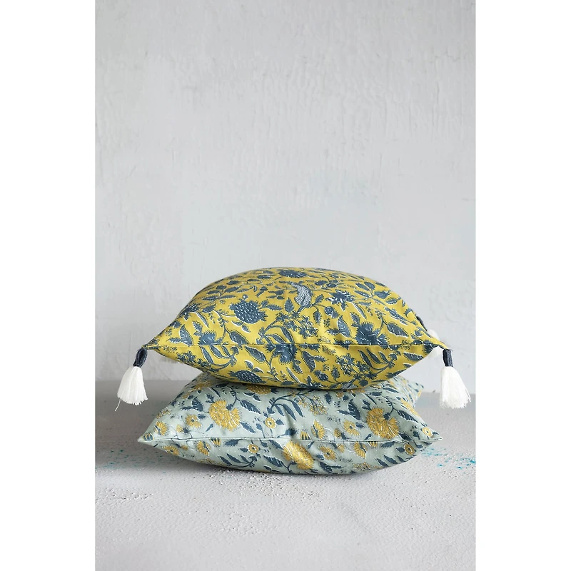 Hello Honey® Chartreuse & Blue Floral Pattern Cotton Pillow with Yarn-Wrapped Tassels