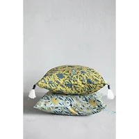 Hello Honey® Chartreuse & Blue Floral Pattern Cotton Pillow with Yarn-Wrapped Tassels