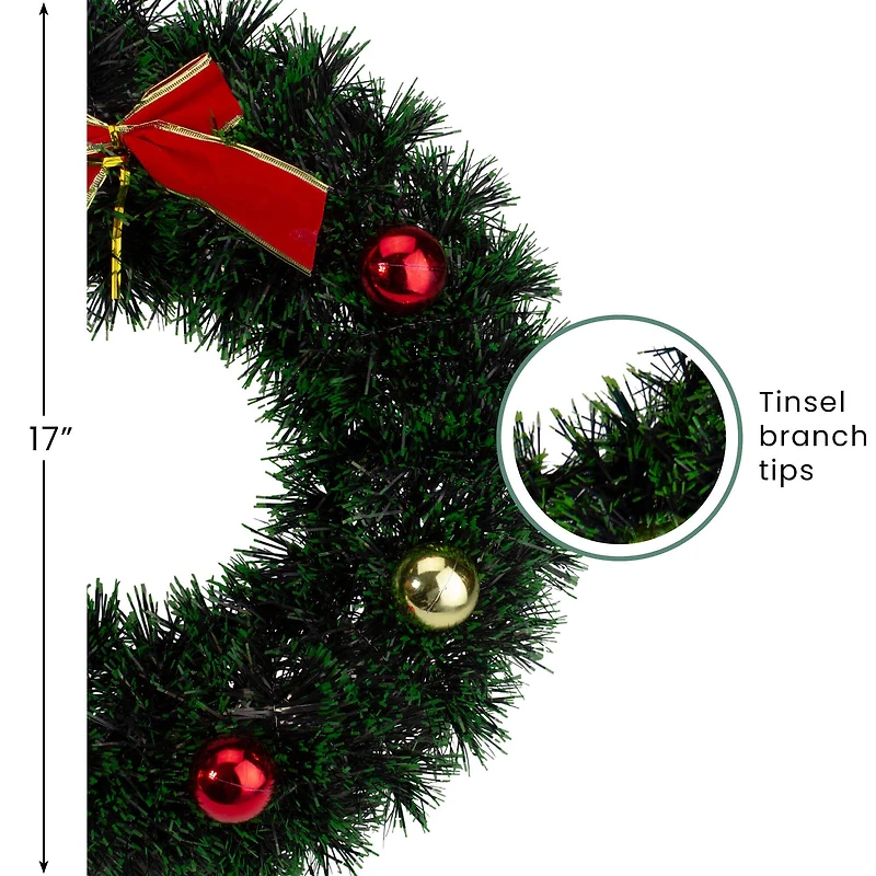 17" Green Tinsel Artificial Christmas Wreath with Bow